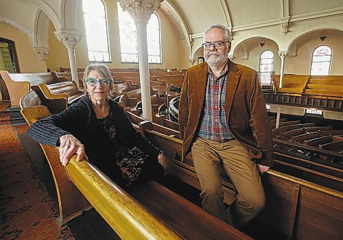 JOHN WOODS / WINNIPEG FREE PRESS
Sandi Howell, Community Liaison of Crescent-Fort Rouge United Church, and Rev. Marc Whitehead, are photographed in the church Tuesday, February 7, 2023. Community members are helping to pay a portion of the rising utility costs in order to keep the doors open for community and arts groups. 

Re: suderman