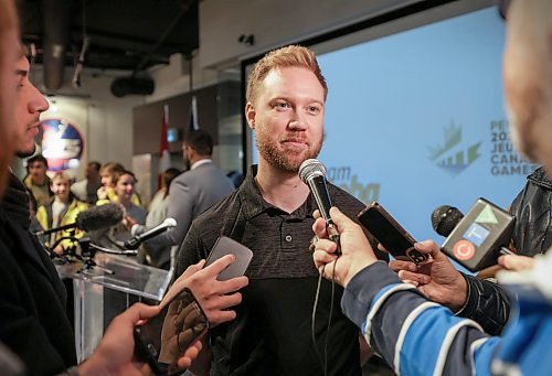 Drew Todd talks to media members after naming Team Manitoba's flag bearer for the 2023 Canada Games, which begin on Feb. 18. (Ruth Bonneville/Winnipeg Free Press)