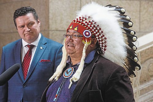 MIKE DEAL / WINNIPEG FREE PRESS
Peguis First Nation Chief Glenn Hudson speaks during the announcement Tuesday afternoon at the base of the grand staircase in the Manitoba Legislative building, that work continues toward the design, construction and installation of an historic monument on the Legislative Building grounds commemorating the bicentenary of the Peguis-Selkirk Treaty.
230207 - Tuesday, February 07, 2023.