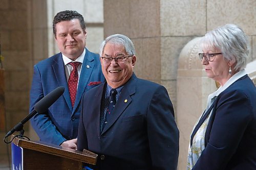 MIKE DEAL / WINNIPEG FREE PRESS
Bill Shead, co-chair, Friends of the Peguis Selkirk Treaty Inc. speaks during the announcement Tuesday afternoon at the base of the grand staircase in the Manitoba Legislative building, that work continues toward the design, construction and installation of an historic monument on the Legislative Building grounds commemorating the bicentenary of the Peguis-Selkirk Treaty.
230207 - Tuesday, February 07, 2023.