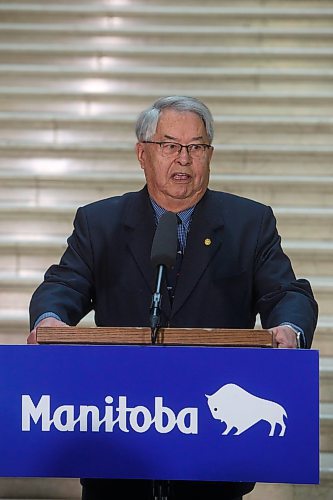 MIKE DEAL / WINNIPEG FREE PRESS
Bill Shead, co-chair, Friends of the Peguis Selkirk Treaty Inc. speaks during the announcement Tuesday afternoon at the base of the grand staircase in the Manitoba Legislative building, that work continues toward the design, construction and installation of an historic monument on the Legislative Building grounds commemorating the bicentenary of the Peguis-Selkirk Treaty.
230207 - Tuesday, February 07, 2023.