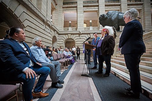 MIKE DEAL / WINNIPEG FREE PRESS
Peguis First Nation Chief Glenn Hudson speaks during the announcement Tuesday afternoon at the base of the grand staircase in the Manitoba Legislative building, that work continues toward the design, construction and installation of an historic monument on the Legislative Building grounds commemorating the bicentenary of the Peguis-Selkirk Treaty.
230207 - Tuesday, February 07, 2023.