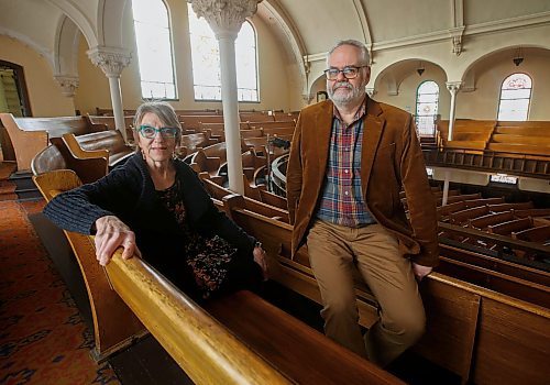 JOHN WOODS / WINNIPEG FREE PRESS
Sandi Howell, Community Liaison of Crescent-Fort Rouge United Church, and Rev. Marc Whitehead, are photographed in the church Tuesday, February 7, 2023. Community members are helping to pay a portion of the rising utility costs in order to keep the doors open for community and arts groups. 

Re: suderman