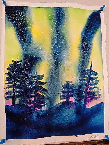 Justin Smith's painting, on display at Brews Brothers Bistro in Neepawa, captures the mysterious beauty of the northern lights. (Miranda Leybourne/The Brandon Sun)