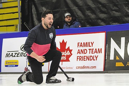 Joey Witherspoon yells to his sweepers at the 2023 Viterra Championship at Neepawa's Yellowhead Centre on Wednesday. (Thomas Friesen/The Brandon Sun)
men's curling provincials