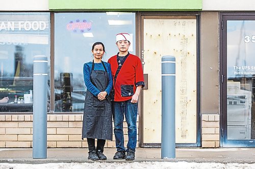 MIKAELA MACKENZIE / WINNIPEG FREE PRESS

Momo Japanese and Korean Restaurant co-owners Lisa Le and Sunpil Han pose for a photo in front of their business, which was recently broken into, in Winnipeg on Wednesday, Feb. 8, 2023. For Erik story.

Winnipeg Free Press 2023.