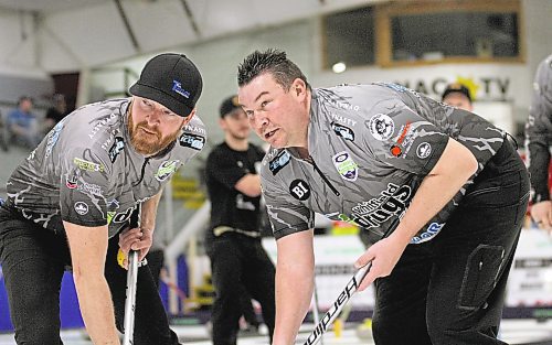 Travis Brooks, left, and Travis Saban sweep for Team Steve Irwin at the 2023 Viterra Championship at Neepawa's Yellowhead Centre on Wednesday. (Thomas Friesen/The Brandon Sun)
men's curling provincials