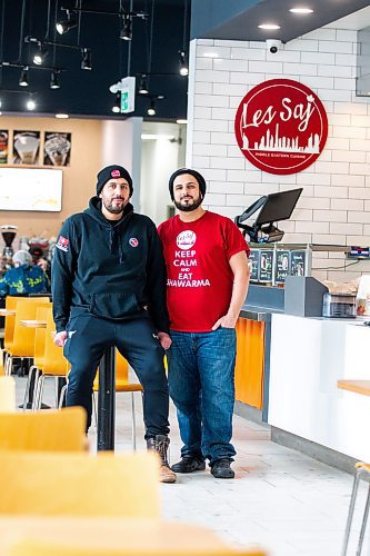 MIKAELA MACKENZIE / WINNIPEG FREE PRESS

Mohamad Barafi (left) and Adam Tayfour , co-owners of Les Saj, pose for a photo in the restaurant on Portage Avenue in Winnipeg on Wednesday, Feb. 8, 2023. For Gabby story.

Winnipeg Free Press 2023.