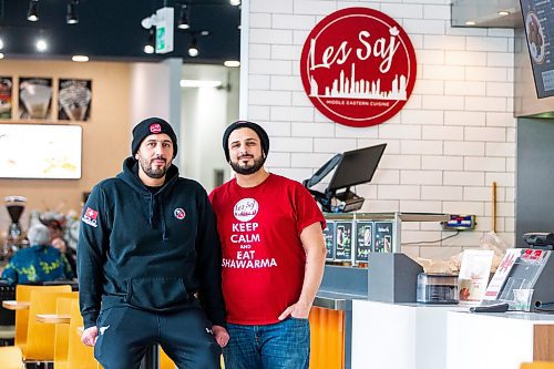 MIKAELA MACKENZIE / WINNIPEG FREE PRESS

Mohamad Barafi (left) and Adam Tayfour , co-owners of Les Saj, pose for a photo in the restaurant on Portage Avenue in Winnipeg on Wednesday, Feb. 8, 2023. For Gabby story.

Winnipeg Free Press 2023.