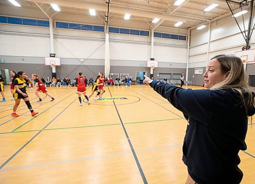 DARCY FINLEY / WINNIPEG FREE PRESS St. James Collegiate varsity girls basketball coach Ashley van Aggelen looks on during a game at La Salle Rec Centre - Friday, February 03, 2023.