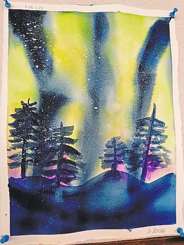 Justin Smith's painting, on display at Brews Brothers Bistro in Neepawa, captures the mysterious beauty of the northern lights. (Miranda Leybourne/The Brandon Sun)