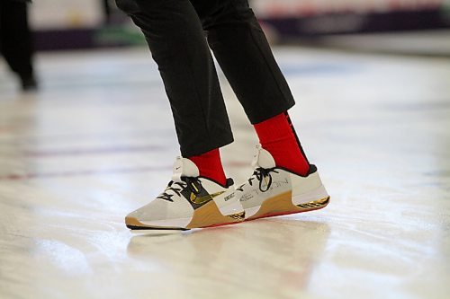 B.J. Neufeld sports custom Nike Metcon curling shoes with his nickname "Beej" on the heels. (Thomas Friesen/The Brandon Sun)