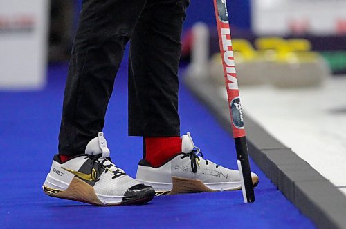 B.J. Neufeld sports custom Nike curling shoes at the 2023 Viterra championship at Neepawa's Yellowhead Centre on Wednesday afternoon. (Thomas Friesen/The Brandon Sun)