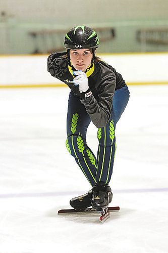 Jada Kasprick of the Westman Speed Skating Club poses in her starting position at the Sportsplex on Sunday. (Perry Bergson/The Brandon Sun)