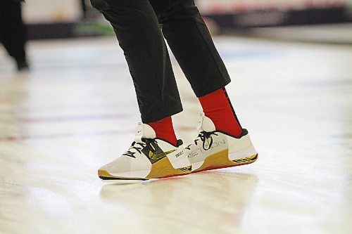 B.J. Neufeld sports custom Nike curling shoes at the 2023 Viterra championship at Neepawa's Yellowhead Centre on Wednesday afternoon. (Thomas Friesen/The Brandon Sun)
men's curling provincials