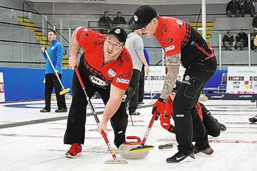 Justin Twiss, left, and Jared Hancox of Team Riley Smith have both switched over to custom sneakers on the ice this season. (Lucas Punkari/The Brandon Sun)