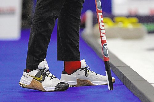 B.J. Neufeld sports custom Nike curling shoes at the 2023 Viterra championship at Neepawa's Yellowhead Centre on Wednesday afternoon. (Thomas Friesen/The Brandon Sun)
men's curling provincials