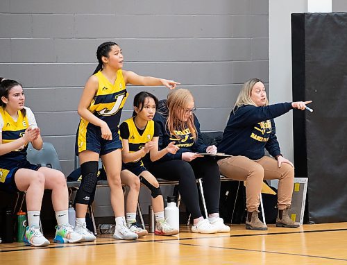 DARCY FINLEY / WINNIPEG FREE PRESS St. James Collegiate varsity girls basketball coach Ashley Van Aggelen looks on during a game at La Salle Rec Centre - Friday, February 03, 2023.
