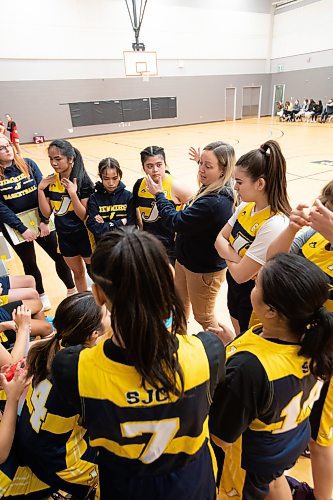 DARCY FINLEY / WINNIPEG FREE PRESS St. James Collegiate varsity girls basketball coach Ashley Van Aggelen talks to players during a game at La Salle Rec Centre - Friday, February 03, 2023.