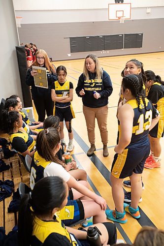 DARCY FINLEY / WINNIPEG FREE PRESS St. James Collegiate varsity girls basketball coach Ashley van Aggelen talks to players during a game at La Salle Rec Centre - Friday, February 03, 2023.