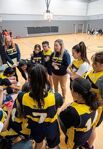 DARCY FINLEY / WINNIPEG FREE PRESS St. James Collegiate varsity girls basketball coach Ashley van Aggelen talks to players during a game at La Salle Rec Centre - Friday, February 03, 2023.