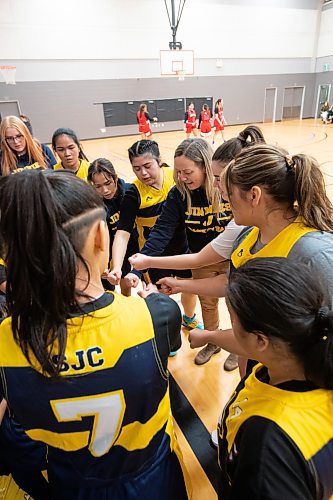 DARCY FINLEY / WINNIPEG FREE PRESS St. James Collegiate varsity girls basketball coach Ashley van Aggelen talks to players during a game at La Salle Rec Centre - Friday, February 03, 2023.