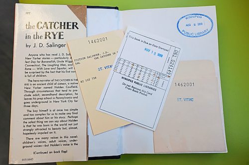 RUTH BONNEVILLE / WINNIPEG FREE PRESS 

LOCAL - old library book return

Photo of Catcher in the Rye book open showing stamped date of when it should've been returned, 

BOOK IS BACK: A Winnipeg resident has returned a copy of the Catcher In the Rye to the St. Vital Library &#x460;23 years, nine months and 15 days late. The book was signed out Nov. 10, 1999. A bonus for the customer: the city has waived library fines. 

MALAK, story

Feb 9th,  2023