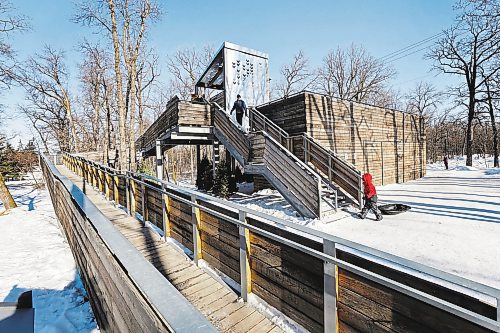 RUTH BONNEVILLE / WINNIPEG FREE PRESS 

LOCAL - St. Vital Slide Manitoboggan 

Photos of the slide and its various special features.

Manitobogga, a multi-level toboggan slide located at St. Vital park, has received an Award of Merit at the 2022 Prairie Design Awards and a 2020 Award of Excellence from the Canadian Society of Landscape Architects. It was recognized by the International Olympic Committee in 2019, as well as by the International Paralympic Committee, in acknowledgment of its barrier-free and universally accessible design. 

Innovative design features include 
two chutes at different heights. The iced chutes, with banked-up sides, make for a fast slide, metal grates on the steps to discourage snow accumulation, there is a universally accessible ramp. The structure&#x573; upper canopy is incised with motifs that riff on Mary Maxim sweaters and their warming connotations. A a ground-level warming area, with an interior painted a welcoming red. 

For story on Winnipeg hosting Winter Cities Shake-up Conference,  February 15-17, 2023, which features designers, planners, entrepreneurs, tourism operators, cultural workers, community organizers and happiness experts talking about how cities and their citizens can make the most of winter.

Feb 9th,  2023