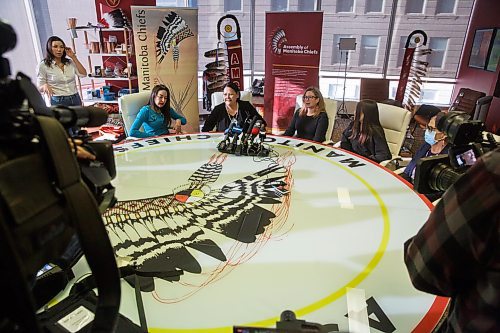 MIKE DEAL / WINNIPEG FREE PRESS
(From let) Kristin Flattery, AMC Grand Chief Cathy Merrick, Kirstin Witwicki, Elle Harris, 18, daughter of Morgan Harris, and Leslie Spillett during a press conference to provide a response to, and answer questions about, the announced $500K funding from Crown&#x2013;Indigenous Relations and Northern Affairs Canada for a Feasibility Study Friday morning.
230210 - Friday, February 10, 2023.