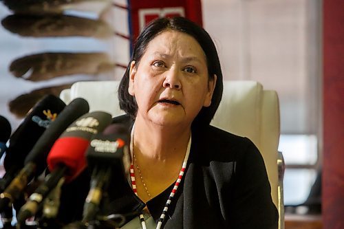 MIKE DEAL / WINNIPEG FREE PRESS
Assembly of Manitoba Chiefs (AMC) Grand Chief Cathy Merrick provides a response to, and answer questions about, the announced $500K funding from Crown&#x2013;Indigenous Relations and Northern Affairs Canada for a Feasibility Study Friday morning.
230210 - Friday, February 10, 2023.