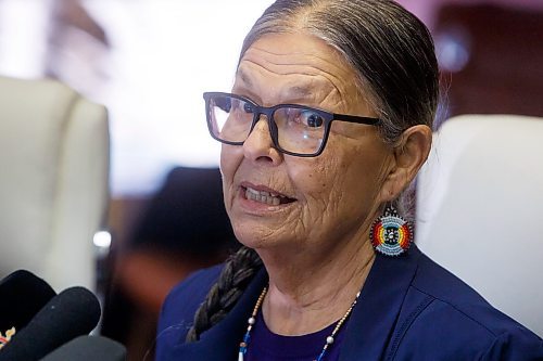 MIKE DEAL / WINNIPEG FREE PRESS
Leslie Spillett speaks during a press conference held buy the Assembly of Manitoba Chiefs (AMC) Grand Chief Cathy Merrick to provide a response to, and answer questions about, the announced $500K funding from Crown&#x2013;Indigenous Relations and Northern Affairs Canada for a Feasibility Study Friday morning.
230210 - Friday, February 10, 2023.