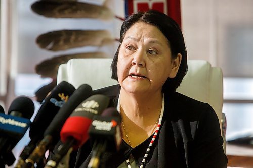 MIKE DEAL / WINNIPEG FREE PRESS
Assembly of Manitoba Chiefs (AMC) Grand Chief Cathy Merrick provides a response to, and answer questions about, the announced $500K funding from Crown&#x2013;Indigenous Relations and Northern Affairs Canada for a Feasibility Study Friday morning.
230210 - Friday, February 10, 2023.