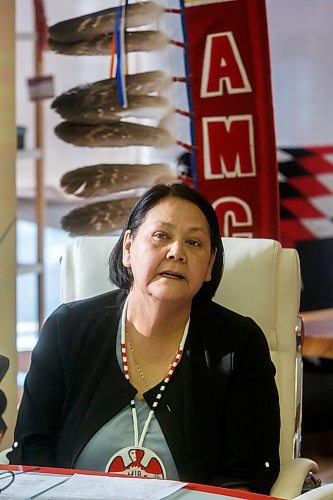 MIKE DEAL / WINNIPEG FREE PRESS
Assembly of Manitoba Chiefs (AMC) Grand Chief Cathy Merrick provides a response to, and answer questions about, the announced $500K funding from Crown&#x2013;Indigenous Relations and Northern Affairs Canada for a Feasibility Study Friday morning.
230210 - Friday, February 10, 2023.