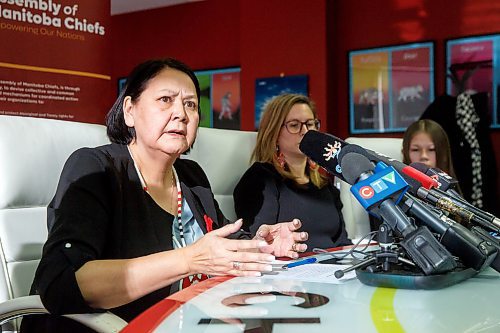 MIKE DEAL / WINNIPEG FREE PRESS
Assembly of Manitoba Chiefs (AMC) Grand Chief Cathy Merrick provides a response to, and answer questions about, the announced $500K funding from Crown&#x2013;Indigenous Relations and Northern Affairs Canada for a Feasibility Study Friday morning.
230210 - Friday, February 10, 2023.