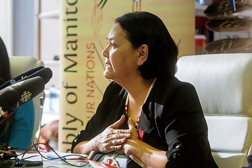 MIKE DEAL / WINNIPEG FREE PRESS
Assembly of Manitoba Chiefs (AMC) Grand Chief Cathy Merrick provides a response to, and answer questions about, the announced $500K funding from Crown&#x2013;Indigenous Relations and Northern Affairs Canada for a Feasibility Study Friday morning.
230210 - Friday, February 10, 2023.