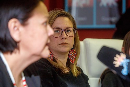 MIKE DEAL / WINNIPEG FREE PRESS
Kirstin Witwicki listens to Assembly of Manitoba Chiefs (AMC) Grand Chief Cathy Merrick provide a response to, and answer questions about, the announced $500K funding from Crown&#x2013;Indigenous Relations and Northern Affairs Canada for a Feasibility Study Friday morning.
230210 - Friday, February 10, 2023.