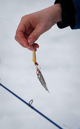 JOHN WOODS / WINNIPEG FREE PRESS
Dana Urbanski baits a hook during a fishing workshop on a lake at Fort Whyte Sunday, February 12, 2023. Roselle Turenne, owner of Prairie Gal Fishing, runs fishing workshops for women where she teaches women the ins and outs of ice-fishing.

Re: Sanderson