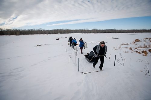 JOHN WOODS / WINNIPEG FREE PRESS
Sean Scott, volunteer, from left, Roselle Turenne, owner of Prairie Gal Fishing, and sisters, Dana and Sherry Urbanski,  leave their fishing hole after a workshop on a lake at Fort Whyte Sunday, February 12, 2023. Turenne runs fishing workshops for women where she teaches women the ins and outs of ice-fishing.

Re: Sanderson
