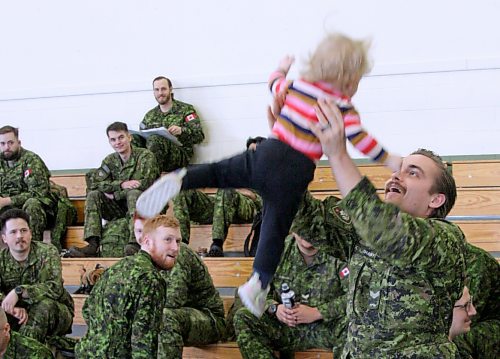 Corp. Tibor Tihanyi tosses and catches his 15-month-old daughter Arbela as they play at Kapyong Barracks at Canadian Forces Base Shilo. Tihanyi said goodbye to his family on Monday as he's part of a group of 100 Shilo soldiers who will serve a six-month rotation in the U.K. as part of Operation Unifier, an ongoing effort to train Ukrainians in the defence of their country. (The Brandon Sun)