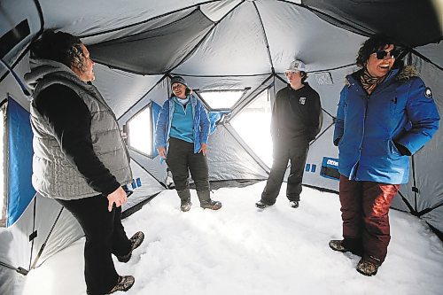 JOHN WOODS / WINNIPEG FREE PRESS
Sherry Urbanski, from left, Roselle Turenne, owner of Prairie Gal Fishing, Sean Scott, volunteer, and Dana Urbanski, talk about life in a fishing shelter during a workshop at Fort Whyte Sunday, February 12, 2023. Turenne runs fishing workshops for women where she teaches women the ins and outs of ice-fishing.

Re: Sanderson