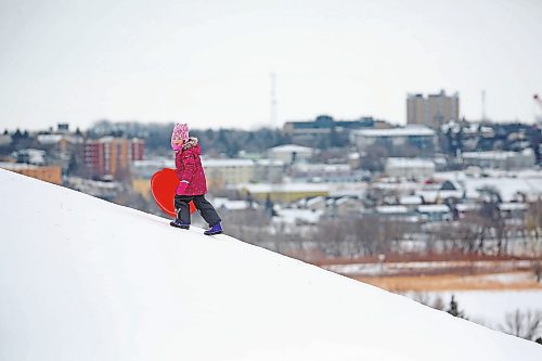Six-year-old Madison MacDonald from Minto walks her saucer sled up Hanbury Hill on a windy Tuesday afternoon. (Matt Goerzen/The Brandon Sun)