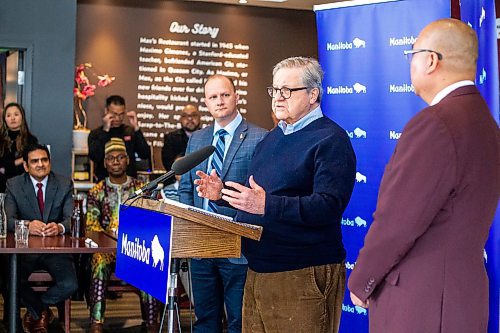 MIKAELA MACKENZIE / WINNIPEG FREE PRESS

Co-chair of the Immigration Advisory Council Lloyd Axworthy speaks at the release of the Immigration Advisory Council report at Max&#x573; Restaurant in Winnipeg on Tuesday, Feb. 14, 2023. For Carol story.

Winnipeg Free Press 2023.