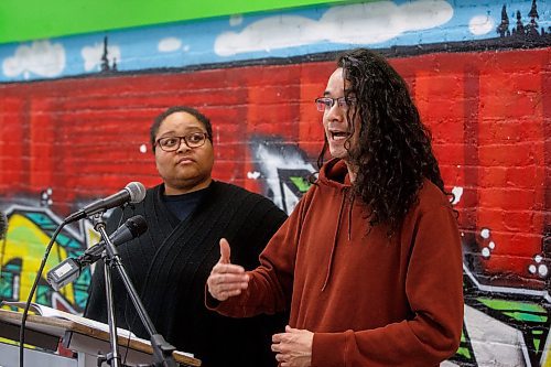 MIKE DEAL / WINNIPEG FREE PRESS
Marie Christian,&#xa0;Program Director at Voices Manitoba&#x2019;s Youth in Care Network, and Michael Redhead Champagne with Fearless R2W, speak during a press conference at the Freight House Boys and Girls Club, 200 Isabel St., about the release of a report on child and family poverty by Campaign 2000 - Manitoba, a national coalition that monitors progress and setbacks to end child and family poverty in Canada, 
230214 - Tuesday, February 14, 2023.