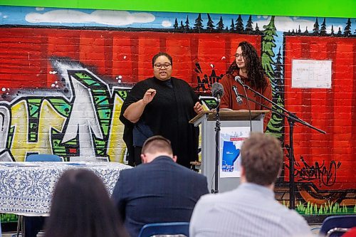 MIKE DEAL / WINNIPEG FREE PRESS
Marie Christian,&#xa0;Program Director at Voices Manitoba&#x2019;s Youth in Care Network, and Michael Redhead Champagne with Fearless R2W, speak during a press conference at the Freight House Boys and Girls Club, 200 Isabel St., about the release of a report on child and family poverty by Campaign 2000 - Manitoba, a national coalition that monitors progress and setbacks to end child and family poverty in Canada, 
230214 - Tuesday, February 14, 2023.