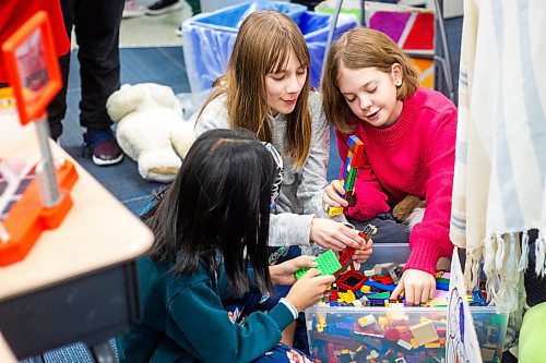 MIKAELA MACKENZIE / WINNIPEG FREE PRESS

Grade four students Kyllie Hipolito (left), Esme Kulik, and Isabel Macgregor play with lego during a day of unstructured play at cole Dieppe in Winnipeg on Tuesday, Feb. 14, 2023. For Maggie story.

Winnipeg Free Press 2023.