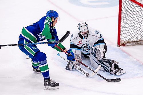 Zach Peters / Winnipeg Free Press
Ice Goaltender Daniel Hauser makes a save on Swift Current's Sam McGinley.
