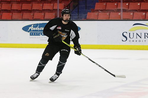 Kelowna product Gradey Hope skates in a drill during Brandon Wheat Kings practice at Westoba Place on Thursday. Brandon selected him in the fourth round of the most recent WHL draft. (Perry Bergson/The Brandon Sun)