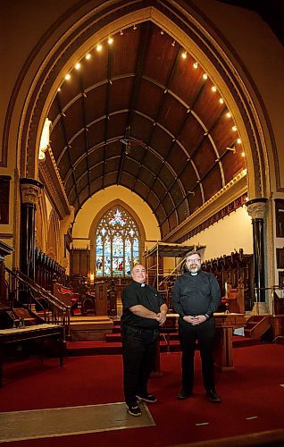 MIKE DEAL / WINNIPEG FREE PRESS
(From left) Theo Robinson, a transgender male and regional pastor for the Interlake Shared Ministry, and Andrew Rampton, rector at Holy Trinity Anglican Church in downtown Winnipeg.
See John Longhurst story
230215 - Wednesday, February 15, 2023.