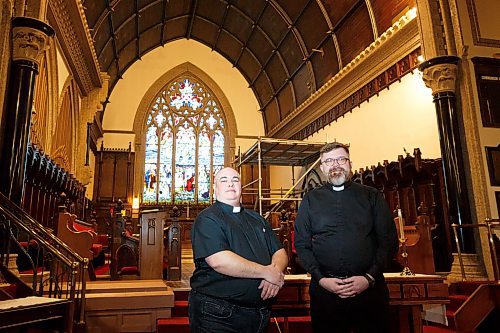 MIKE DEAL / WINNIPEG FREE PRESS
(From left) Theo Robinson, a transgender male and regional pastor for the Interlake Shared Ministry, and Andrew Rampton, rector at Holy Trinity Anglican Church in downtown Winnipeg.
See John Longhurst story
230215 - Wednesday, February 15, 2023.