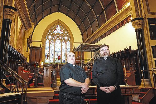 MIKE DEAL / WINNIPEG FREE PRESS
(From left) Theo Robinson, a transgender male and regional pastor for the Interlake Shared Ministry, and Andrew Rampton, rector at Holy Trinity Anglican Church in downtown Winnipeg.
See John Longhurst story
230215 - Wednesday, February 15, 2023.
